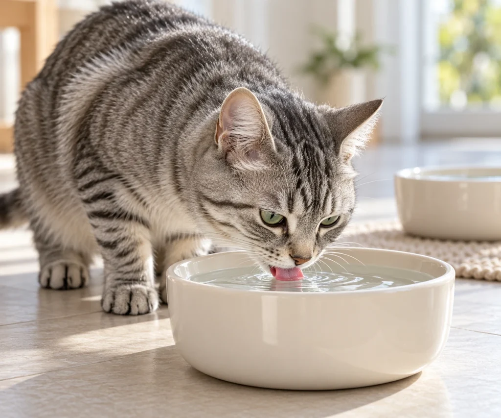 Cat Diarrhea - Gray tabby cat drinking fresh water from a ceramic bowl.