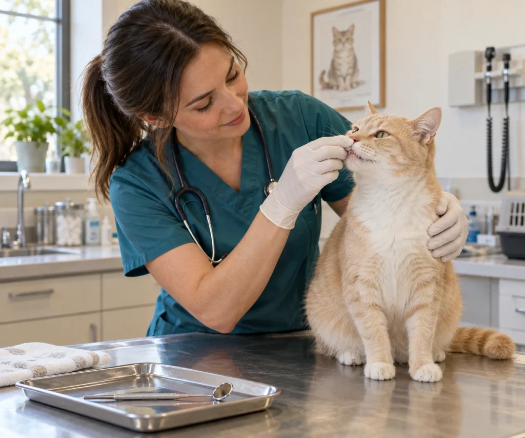 Professional veterinary oral examination used to assess dental disease in cats