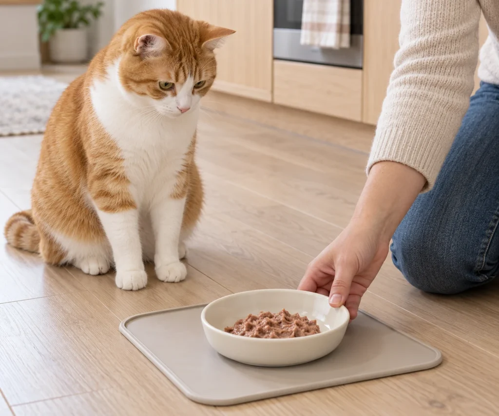 Owner placing a modest portion of wet food beside a ginger cat during nutrition care for diabetes in cats.