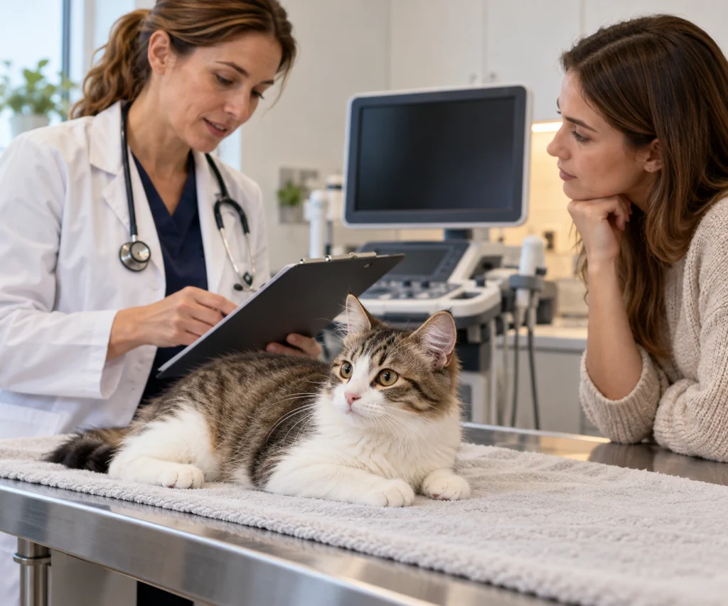 Young cat at a veterinary clinic for diagnostic evaluation of suspected FIP in cats