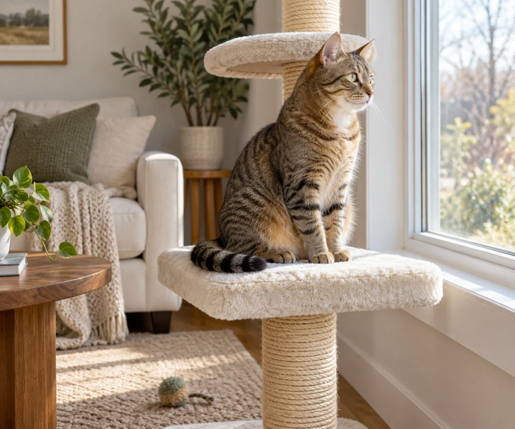 Cat enjoying a safe enriched indoor environment as part of long-term care for FIV in cats