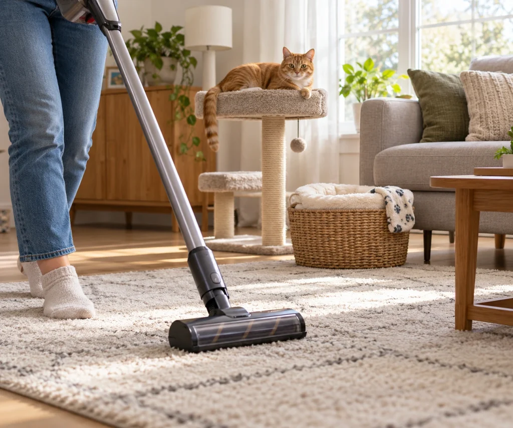 Vacuuming carpets and cleaning bedding to help control fleas on cats