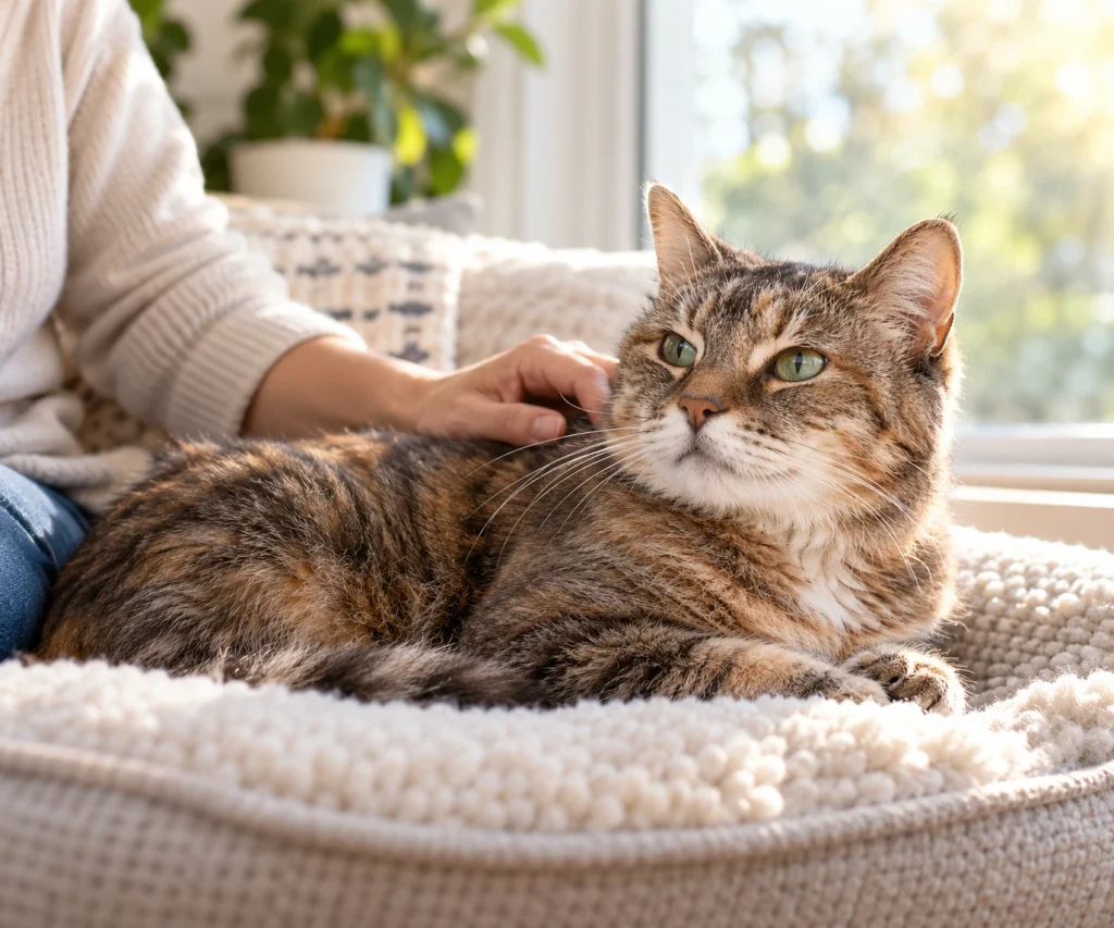 Healthy senior cat receiving gentle care at home, highlighting screening for high blood pressure in cats