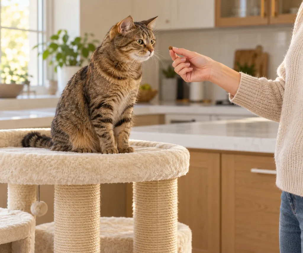 Owner rewarding a cat on its perch to help keep cats off counters