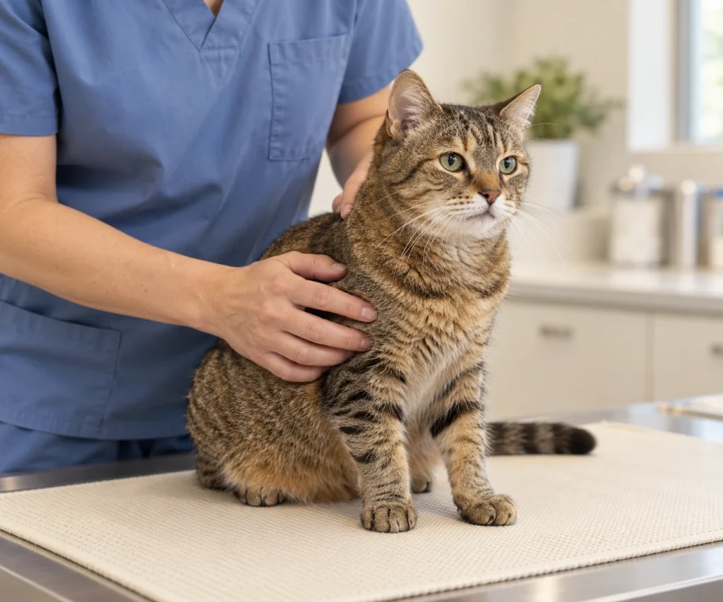Veterinarian gently examining a senior tabby during evaluation for kidney disease in cats.