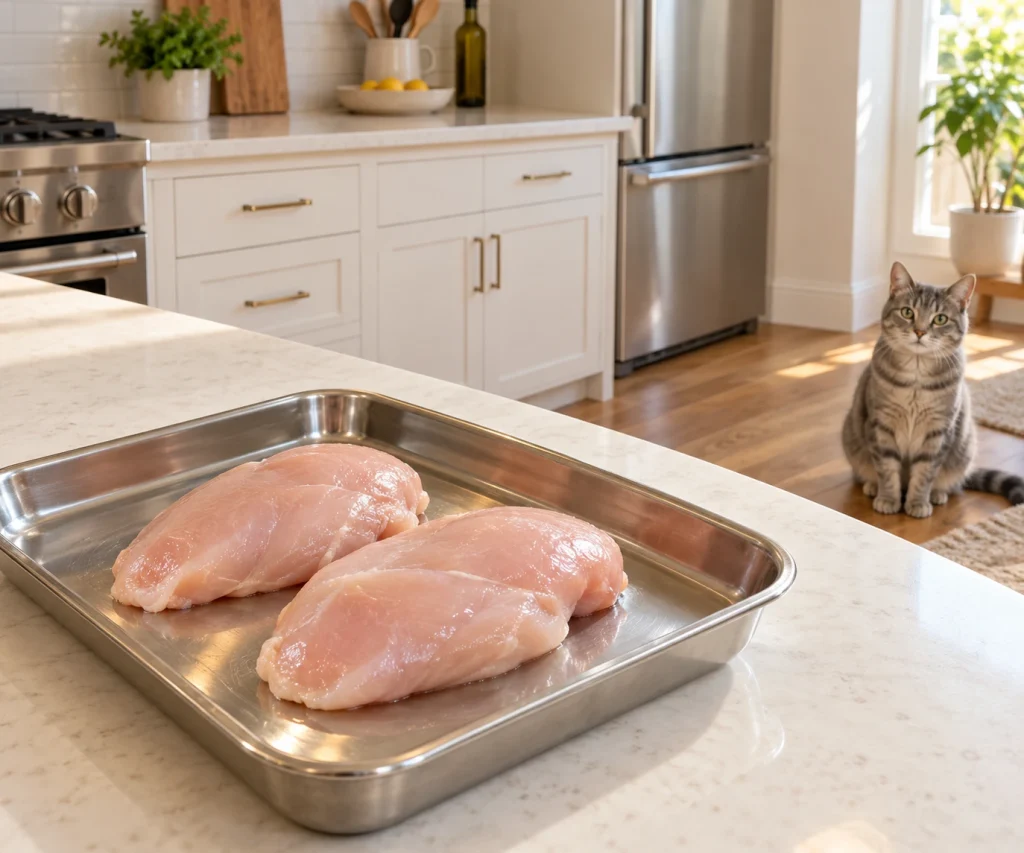 Raw food diet for cats showing uncooked poultry kept safely away from a household cat
