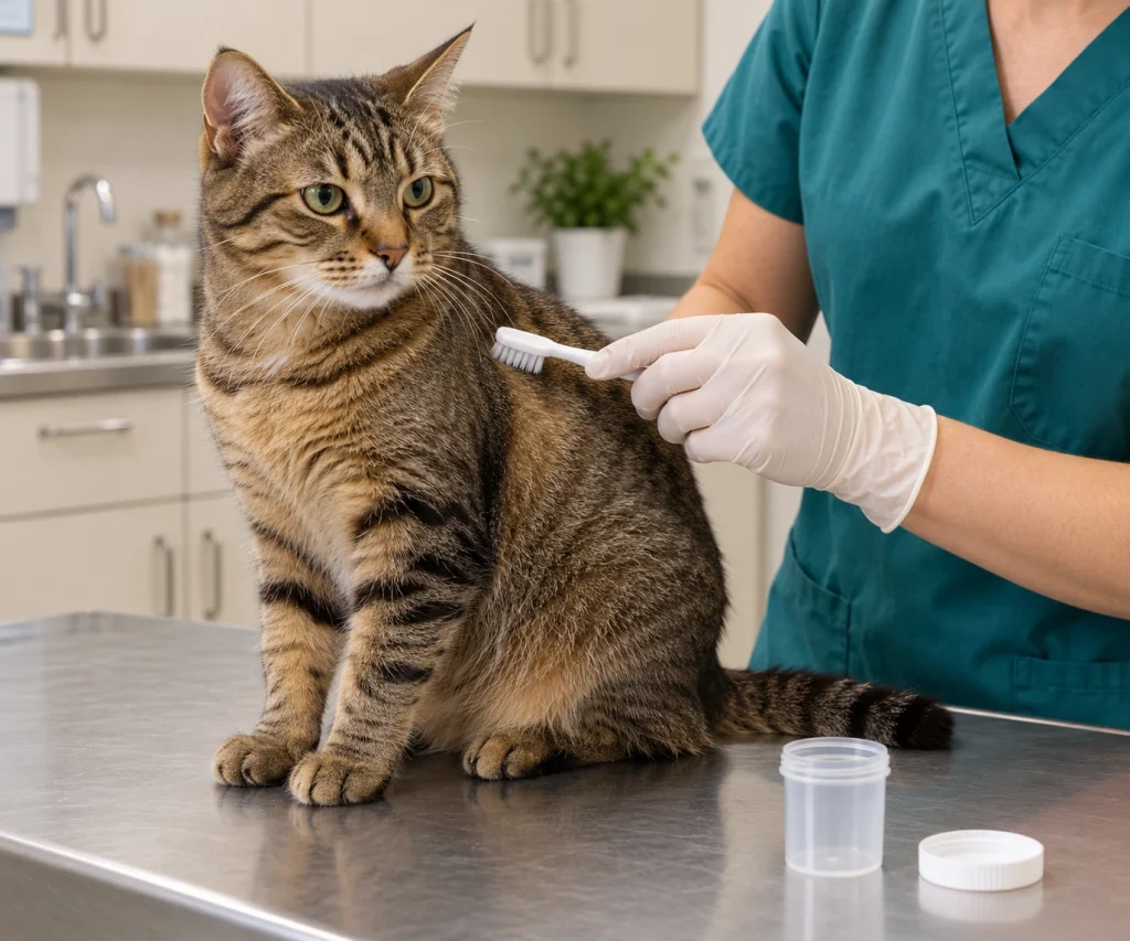 Veterinary examination and sample collection used to diagnose ringworm in cats