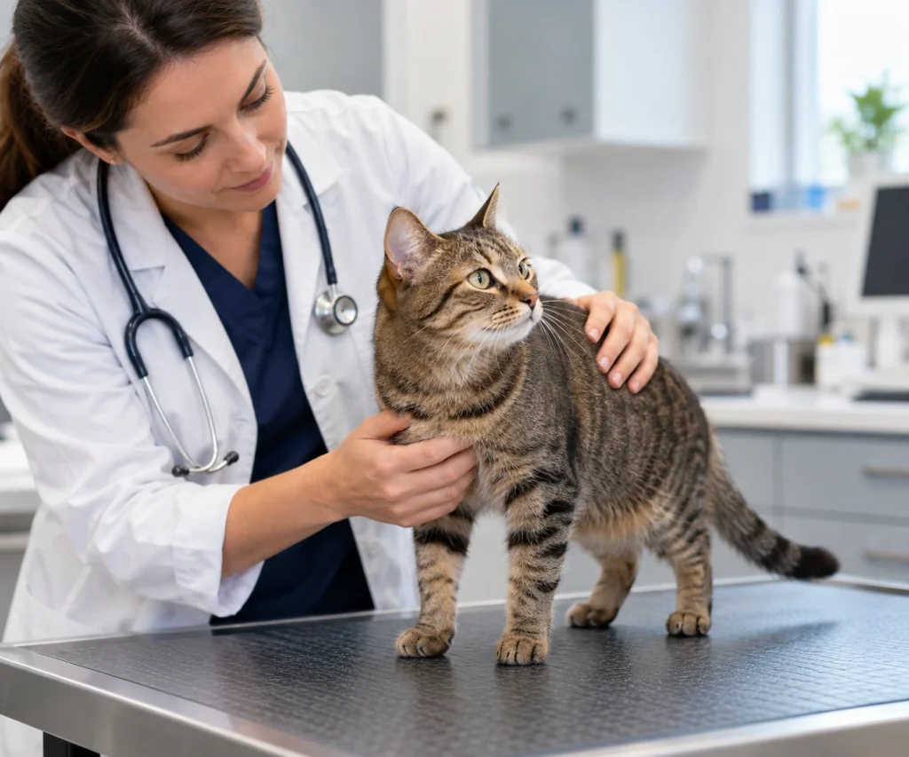 Veterinarian examining a cat to investigate possible causes of seizures in cats