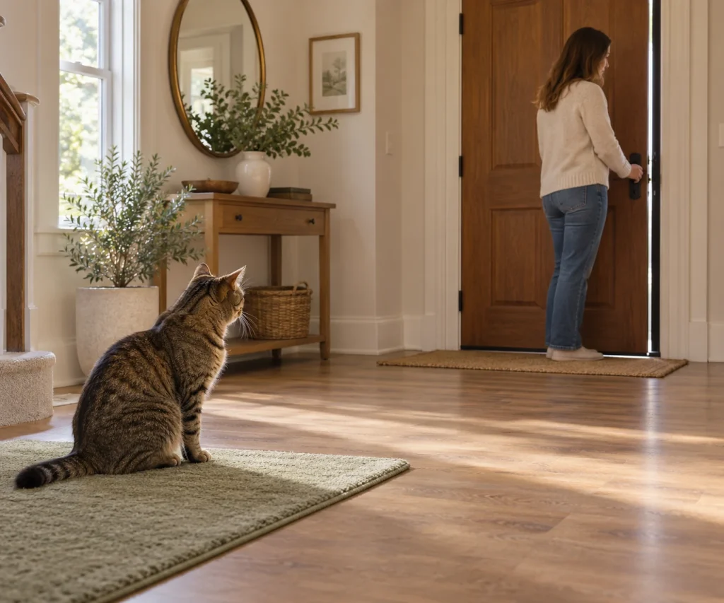 Cat staying on its station during gradual door practice to stop a cat from running out the door