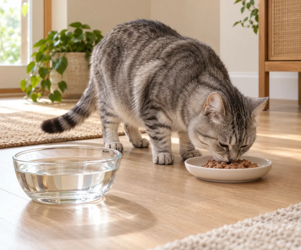 What to feed a senior cat: an older cat eating wet food with fresh water nearby