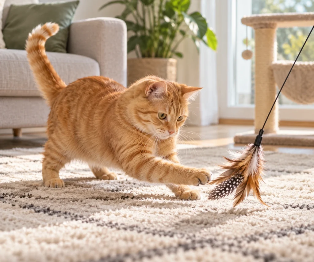 Indoor cat playing with a prey-style wand toy while exploring why do cats bring you dead animals