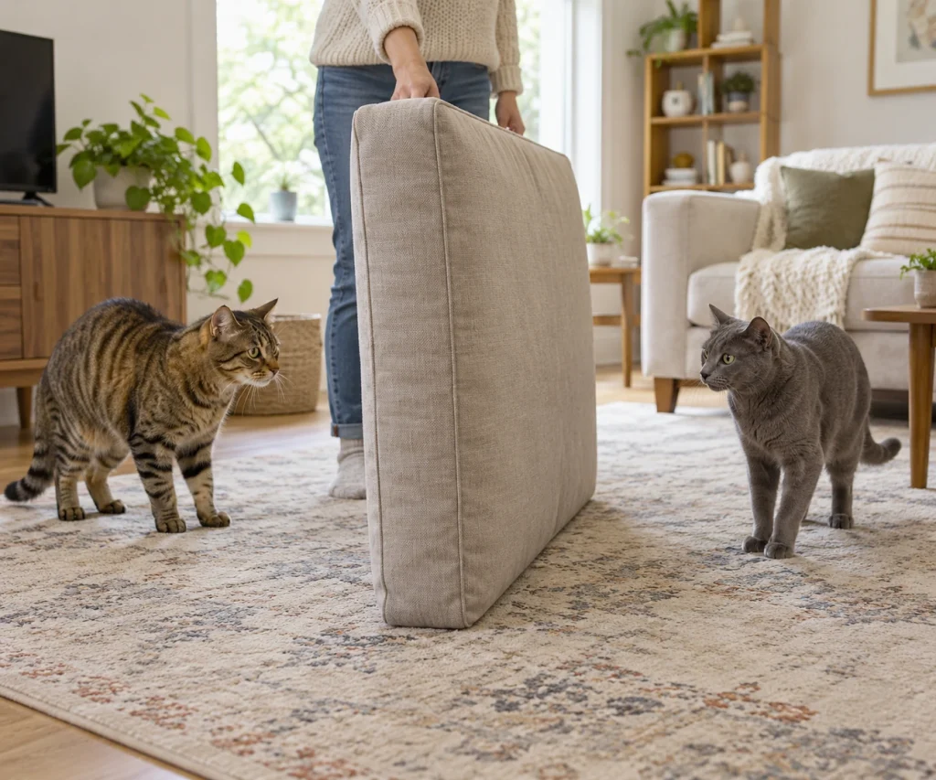 Owner safely separating two tense cats with a barrier, helping explain are my cats playing or fighting