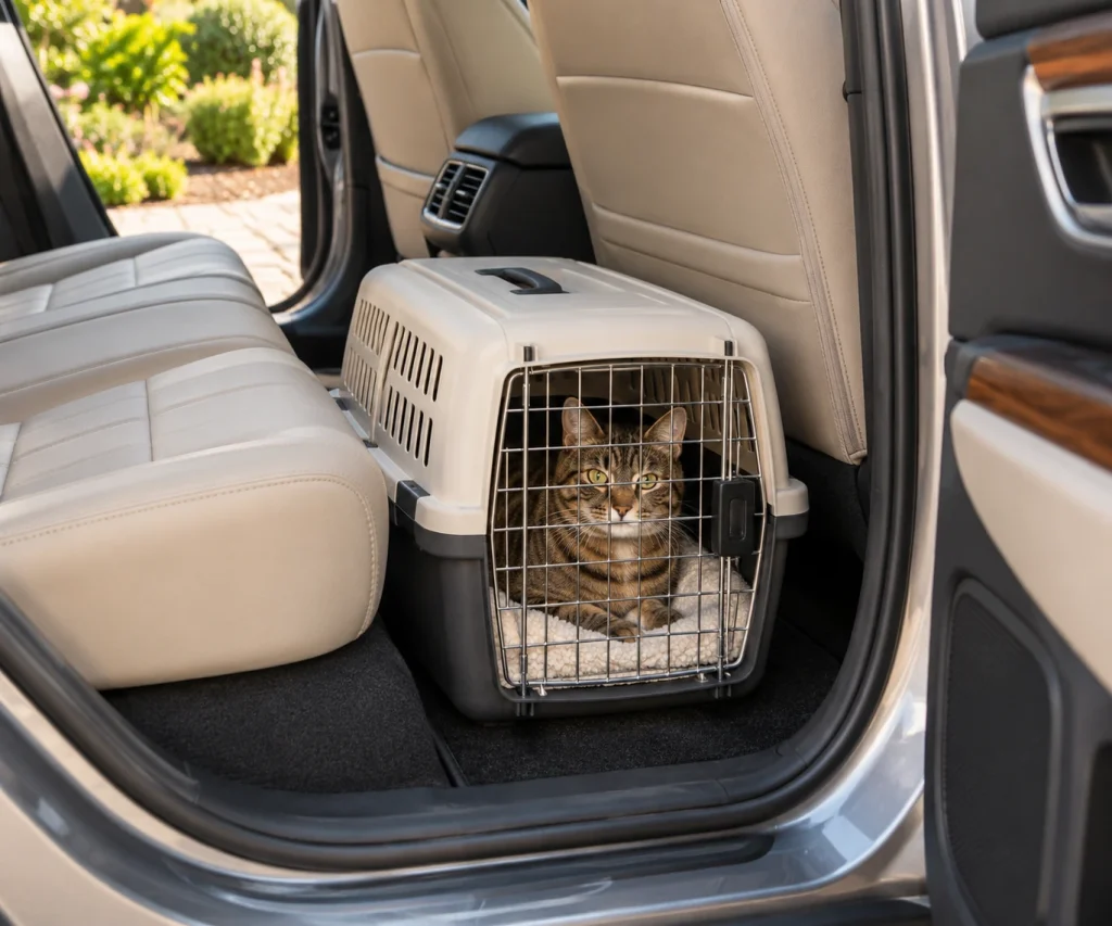 Calm cat inside a closed carrier in a parked car during cat carrier training