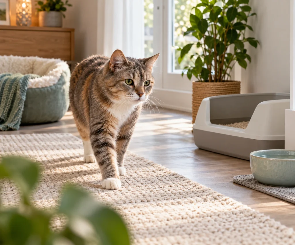 Accessible home with a low-entry litter box and comfortable resting areas to support a senior cat with cat dementia
