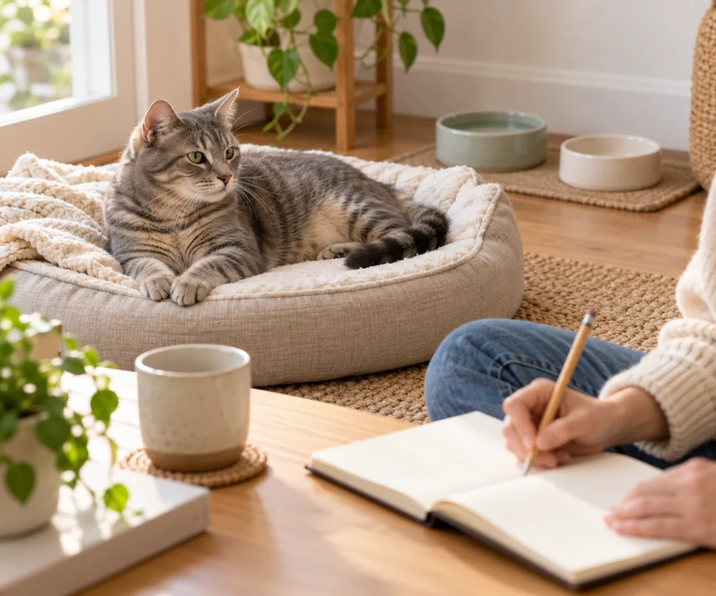 Owner keeping a care notebook beside a resting tabby during daily monitoring for diabetes in cats.