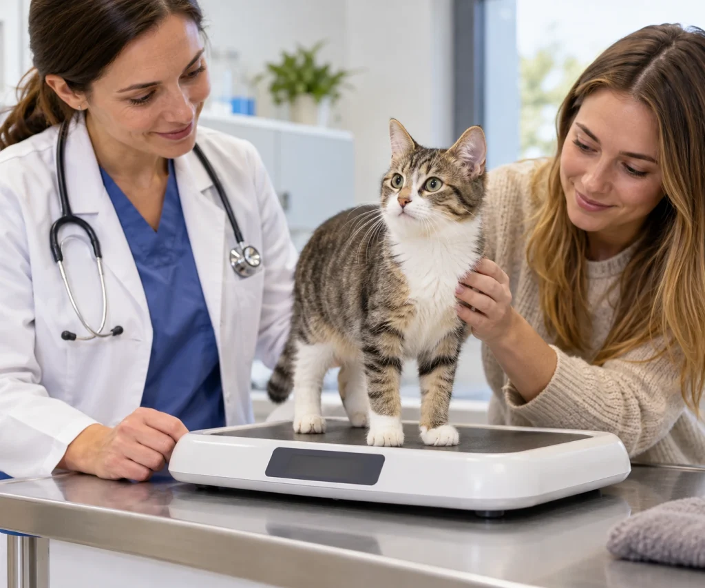 Young cat being weighed during veterinary follow-up and treatment monitoring for FIP in cats