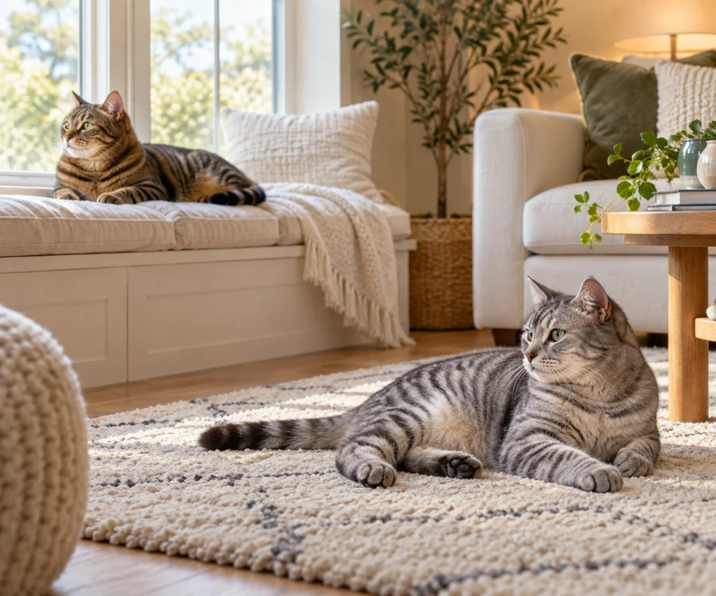 Two cats peacefully sharing a home, illustrating household considerations for FIV in cats