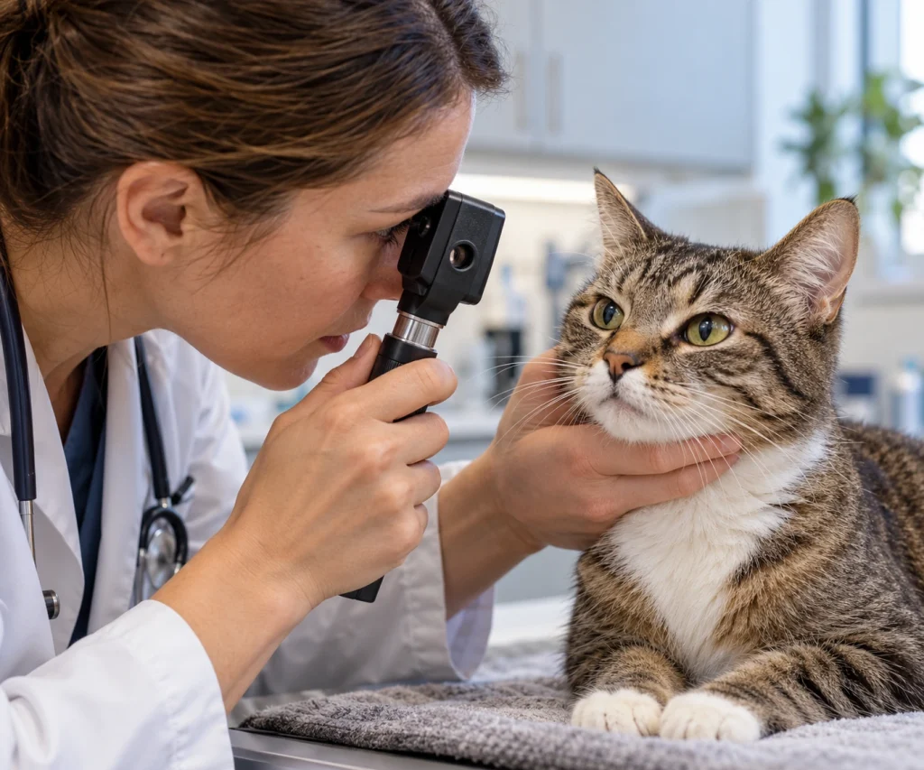 Veterinarian checking a cat's eyes for possible complications associated with high blood pressure in cats