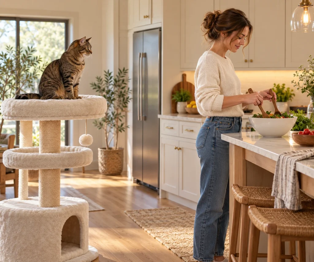 Cat staying on its designated perch during food preparation to help keep cats off counters