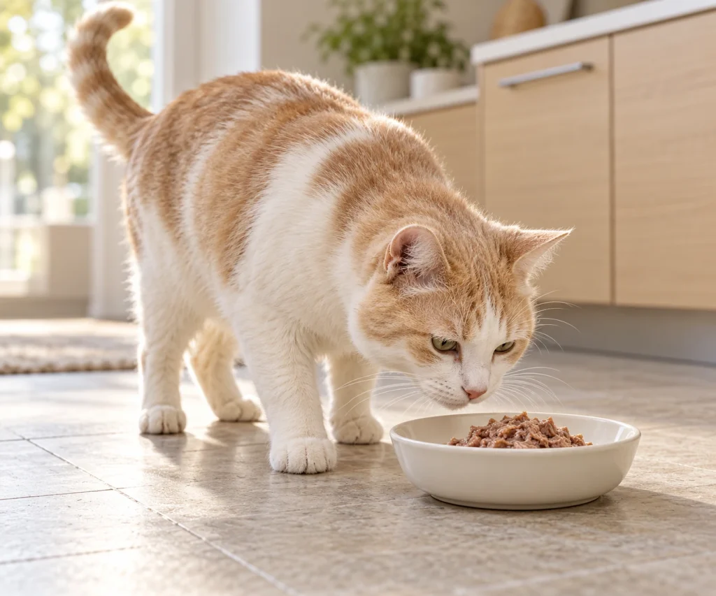 Senior ginger cat approaching wet food during dietary care for kidney disease in cats.