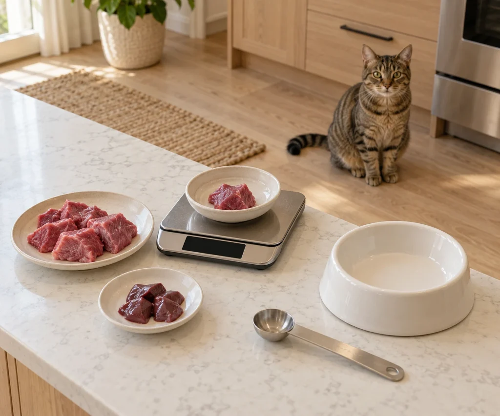 Raw food diet for cats with homemade ingredients being measured in a modern kitchen