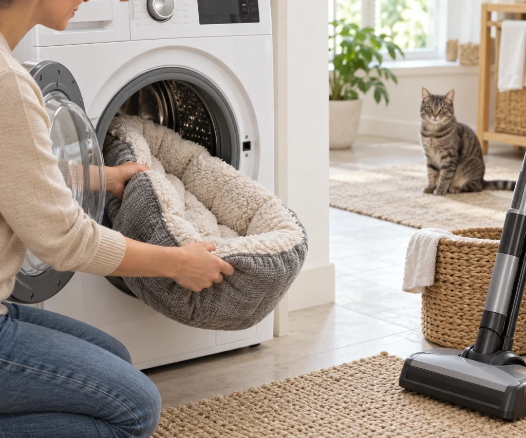 Home cleaning and washing pet bedding while managing ringworm in cats