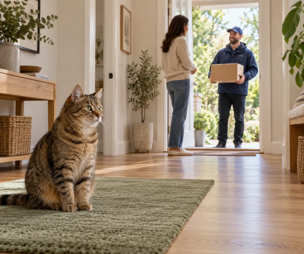 Cat waiting safely inside while a visitor arrives to help stop a cat from running out the door