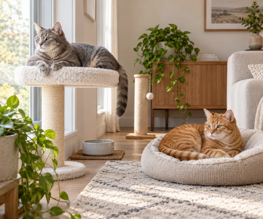 Two relaxed cats sharing a peaceful home, illustrating are my cats playing or fighting
