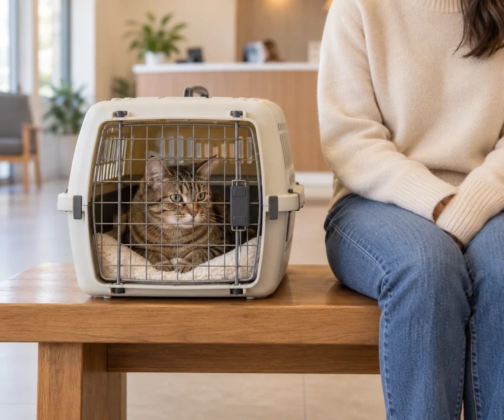 Calm cat resting beside its owner at a veterinary clinic after successful cat carrier training