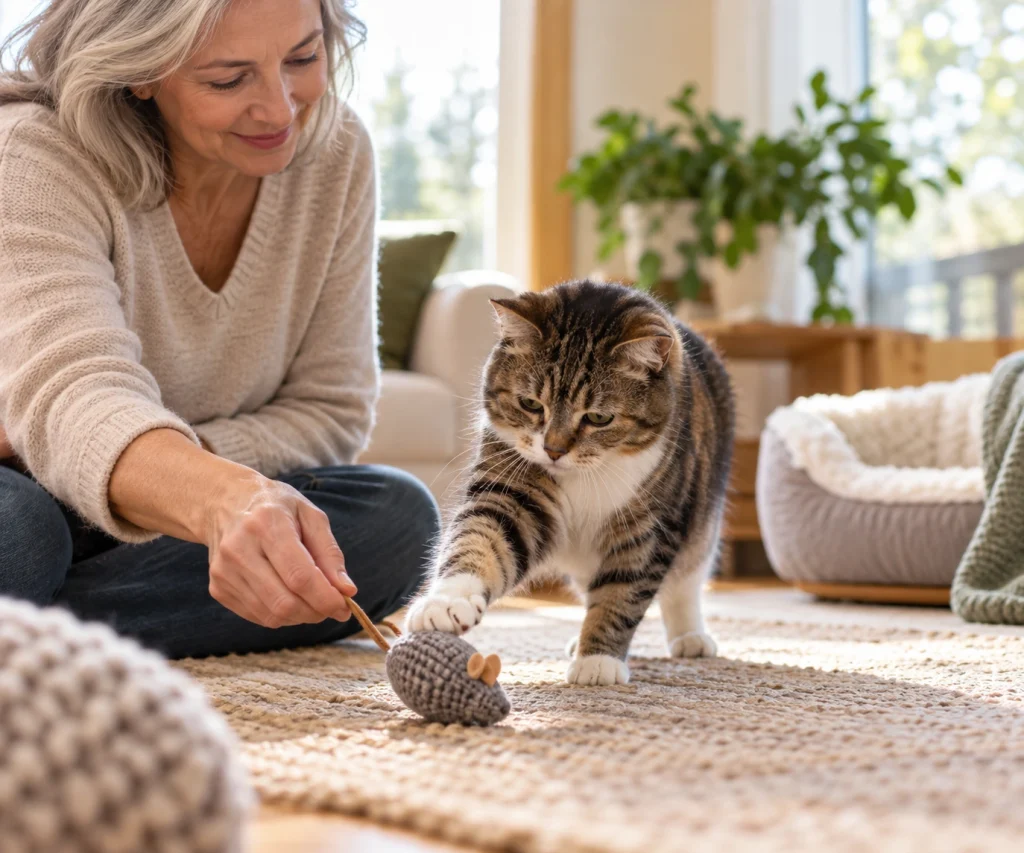 Senior cat enjoying gentle play and familiar routines as supportive care for cat dementia