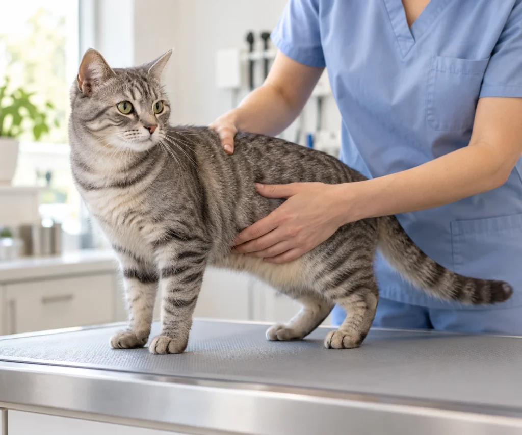 Cat Diarrhea - Veterinarian gently examining a calm gray tabby cat’s abdomen on an examination table.