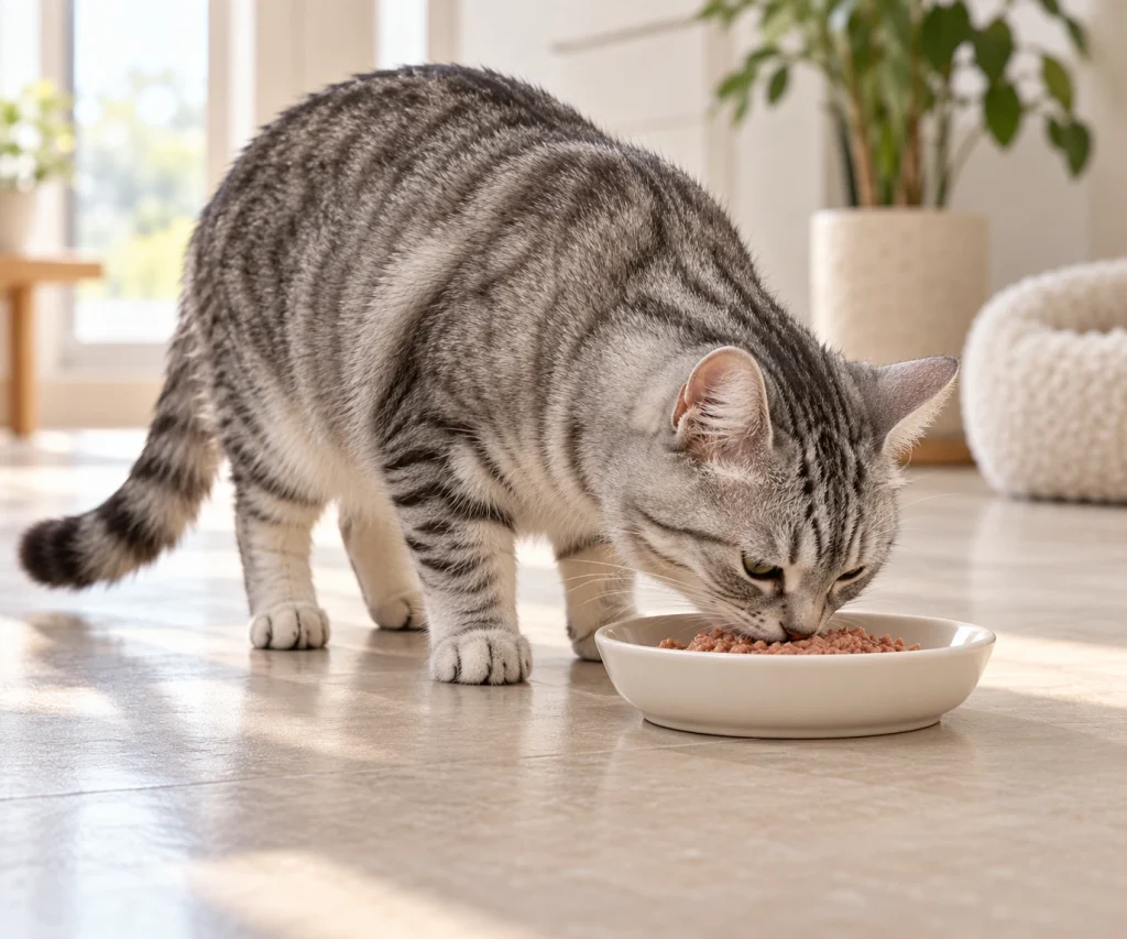 Cat eating soft food during veterinarian-guided recovery from treatment for dental disease in cats