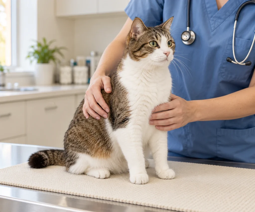 Veterinarian gently examining an alert tabby during ongoing care for diabetes in cats.