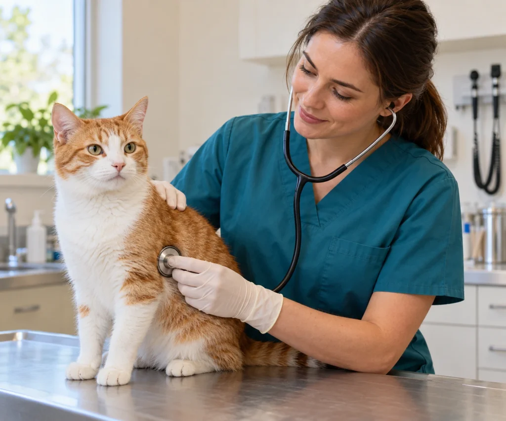 Veterinarian performing a routine health examination as part of ongoing care for FIV in cats