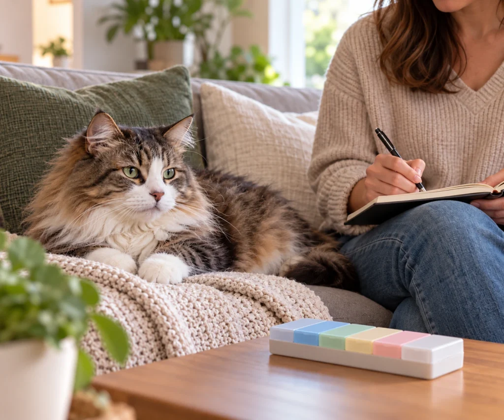 Owner organizing veterinary follow-up and home care for a cat treated for high blood pressure in cats