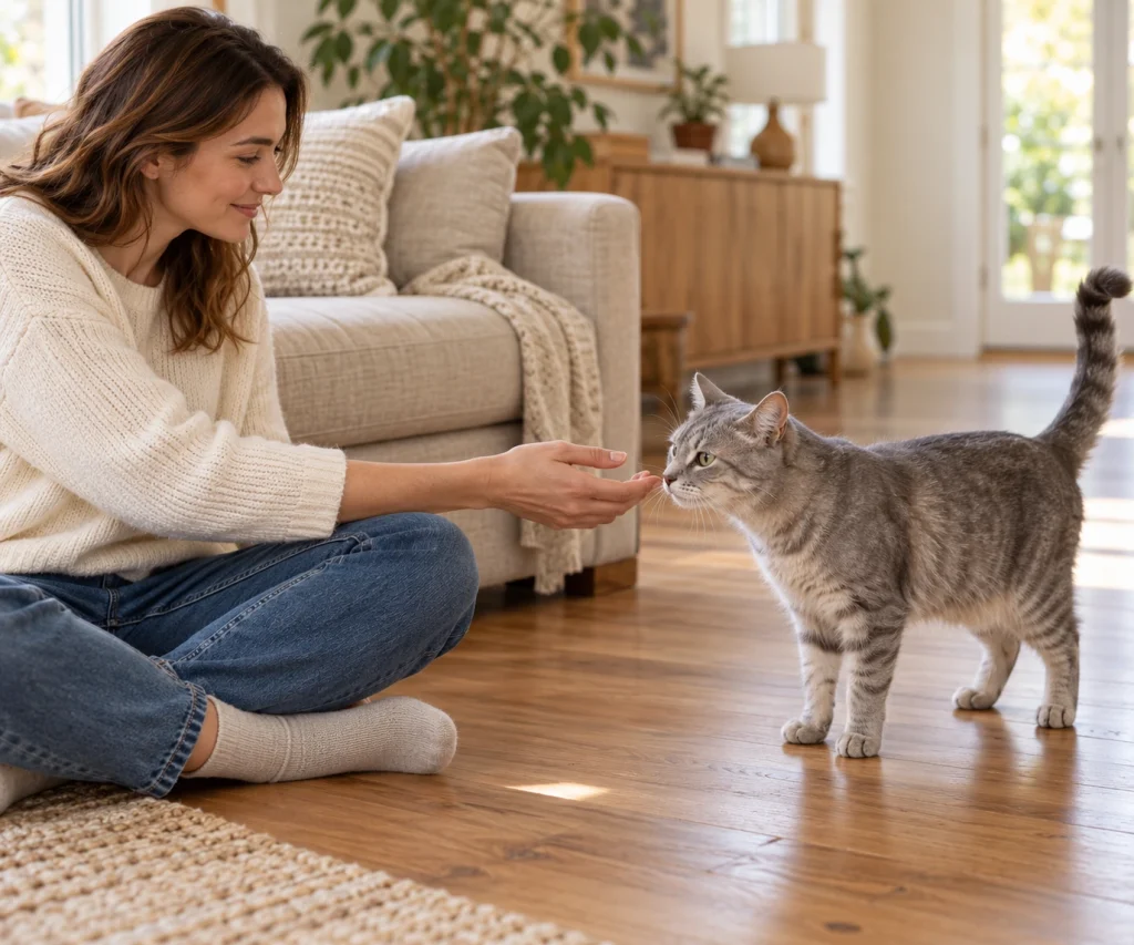 How to pet a cat by letting a shy or unfamiliar cat choose to approach
