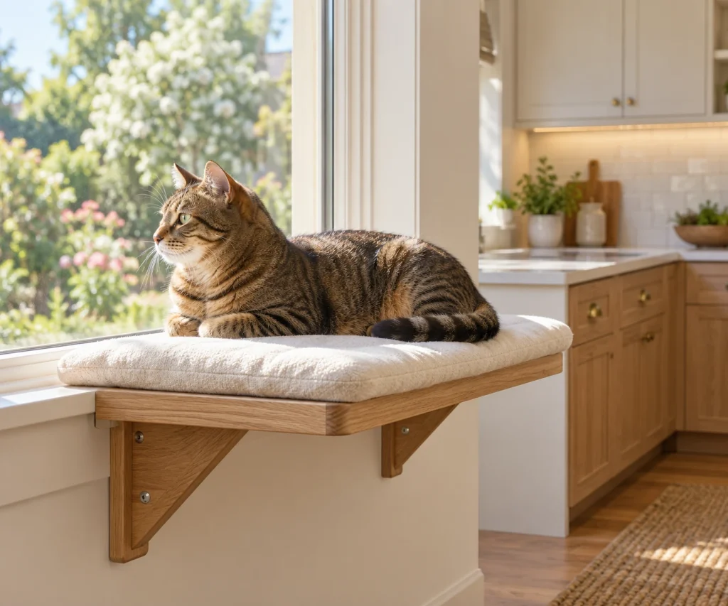 Relaxed cat choosing an elevated window perch as a humane way to keep cats off counters