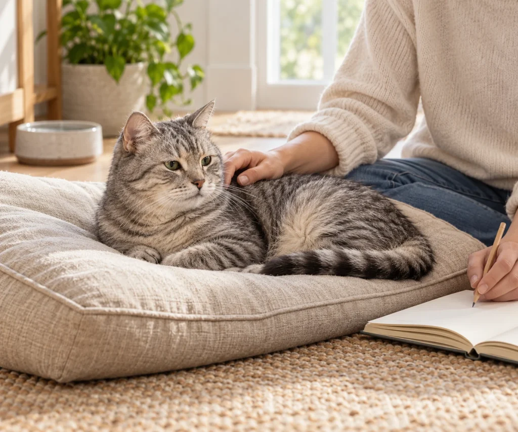 Owner stroking a resting senior cat and keeping notes during home care for kidney disease in cats.
