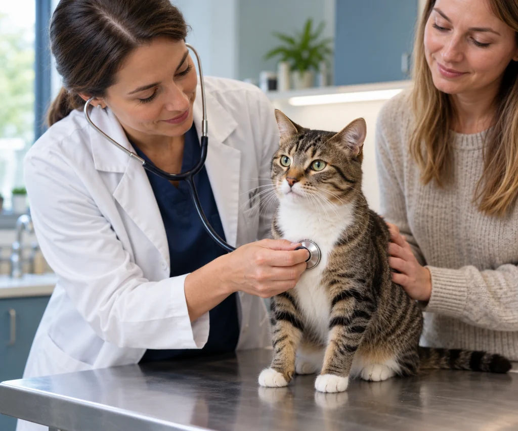 Routine veterinary follow-up examination for a cat receiving ongoing care for seizures in cats