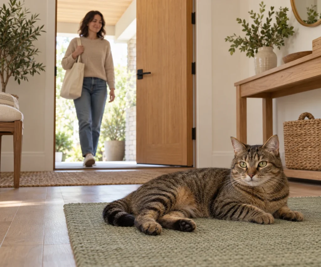 Calm cat staying away from an open entrance after training to stop a cat from running out the door