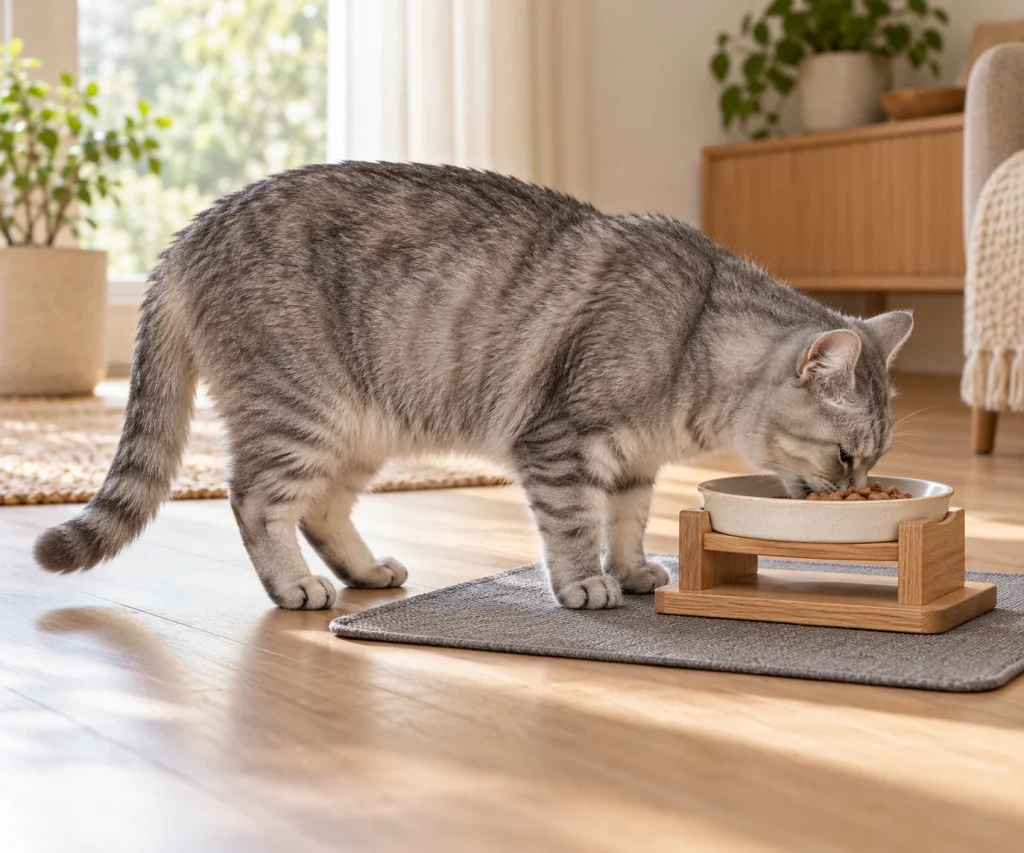What to feed a senior cat with a comfortable feeding setup for easier mealtimes