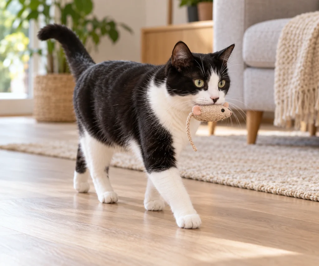 Cat carrying a toy mouse indoors, illustrating why do cats bring you dead animals